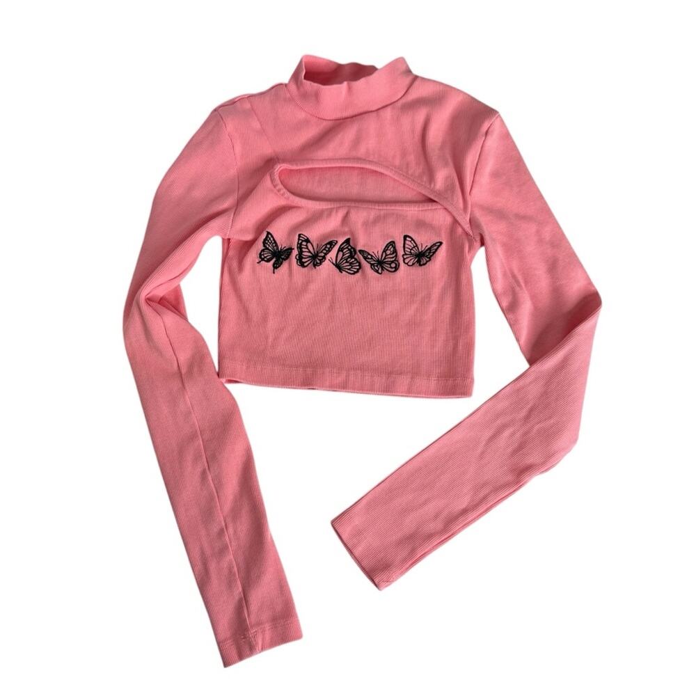 Urban Outfitters Embroidered Butterfly Long Sleeve Cut Out Crop Tee Womens Small